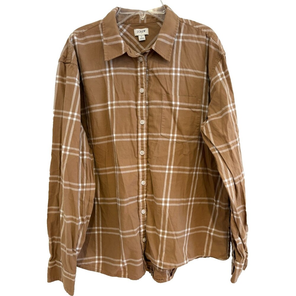 J Crew Shirt Womens Size LARGE Lightweight Flannel Long Sleeve Khaki Tan Cotton